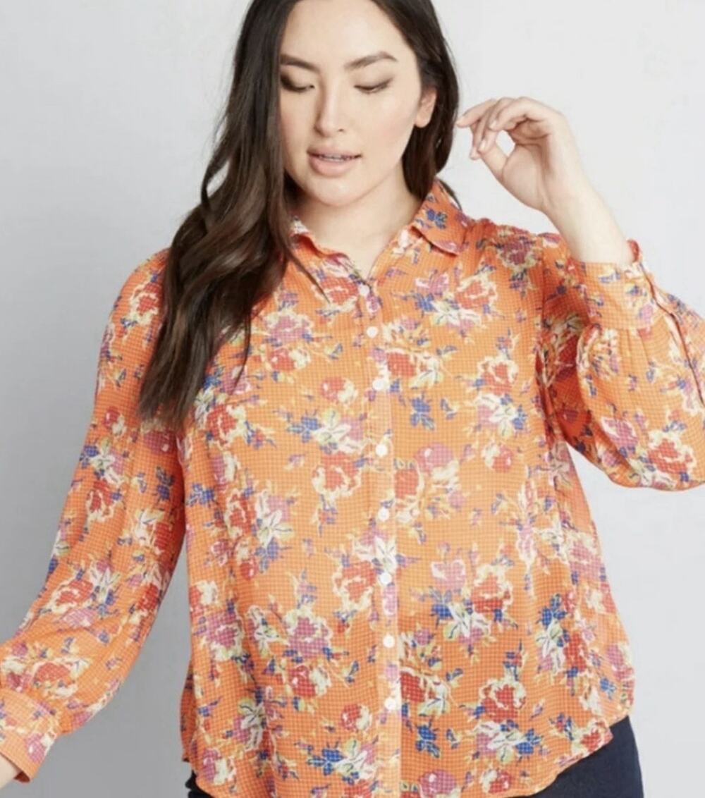ModCloth Top Womens XL Be Buzzworthy Orange Floral Sheer Chiffon Romantic